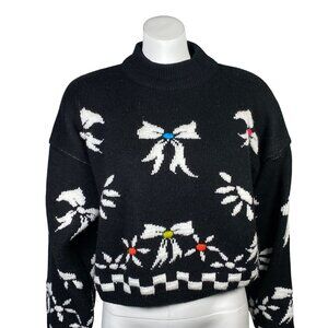 Vintage 90s Jamie Scott Sweater Womens L Mock Neck Pullover White Bows Festive